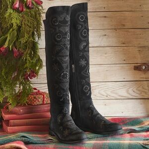 Black Embroidered Knee-High Boots